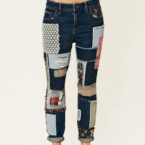 Free People Denim - Free People Patchwork Slim Slouch Jean